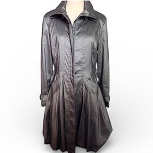 Vintage Chic Metallic Gray Bubble Trench Coat Belted Flared Skirt Collar